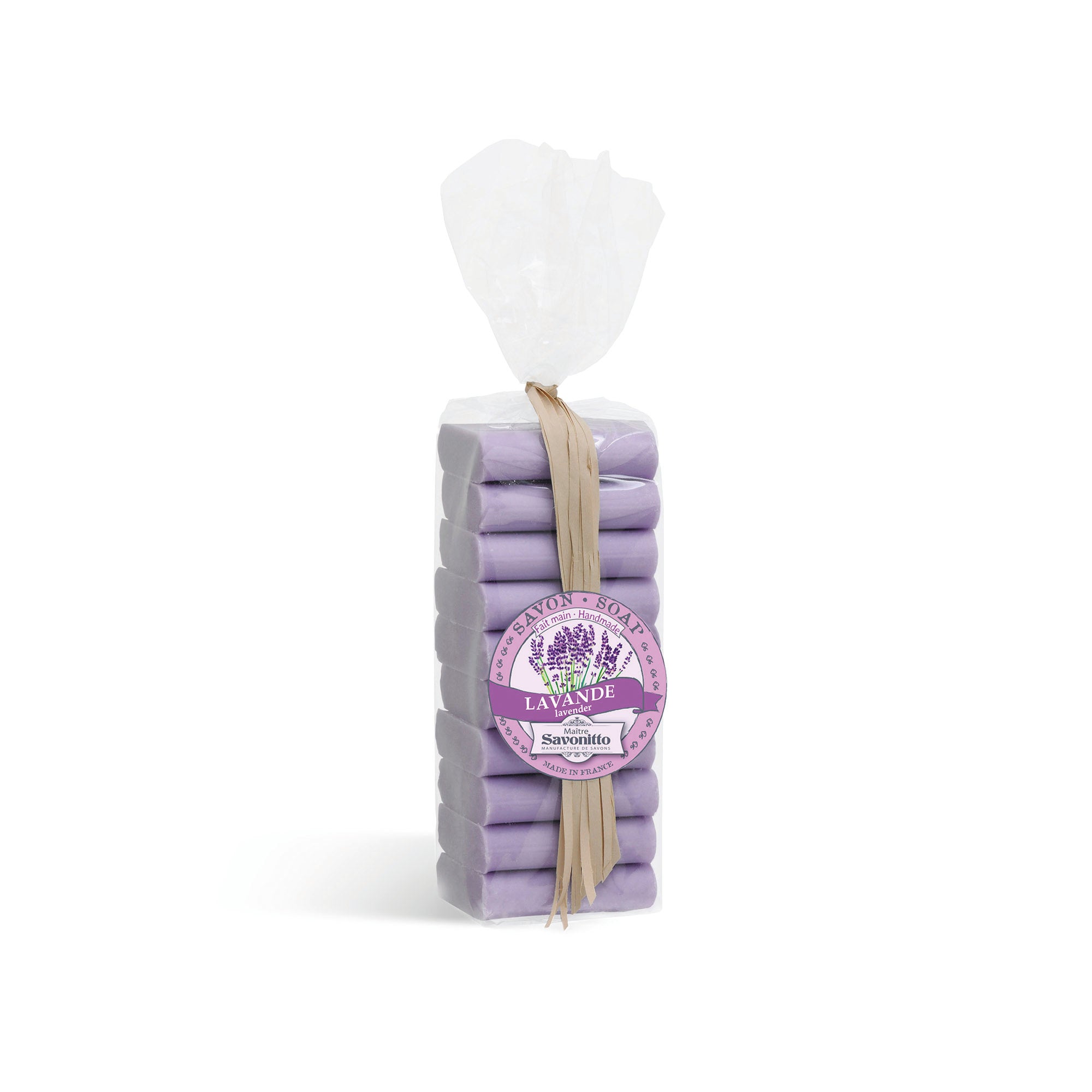 Sachet de 10 petits savons lavande exfoliants 24g, savons solides artisanaux made in Provence.