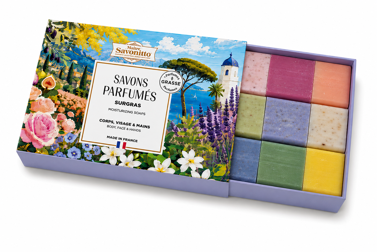 Coffret de 9 petits savons invités aux parfums assortis avec une illustration inspirée de la French Riviera.
