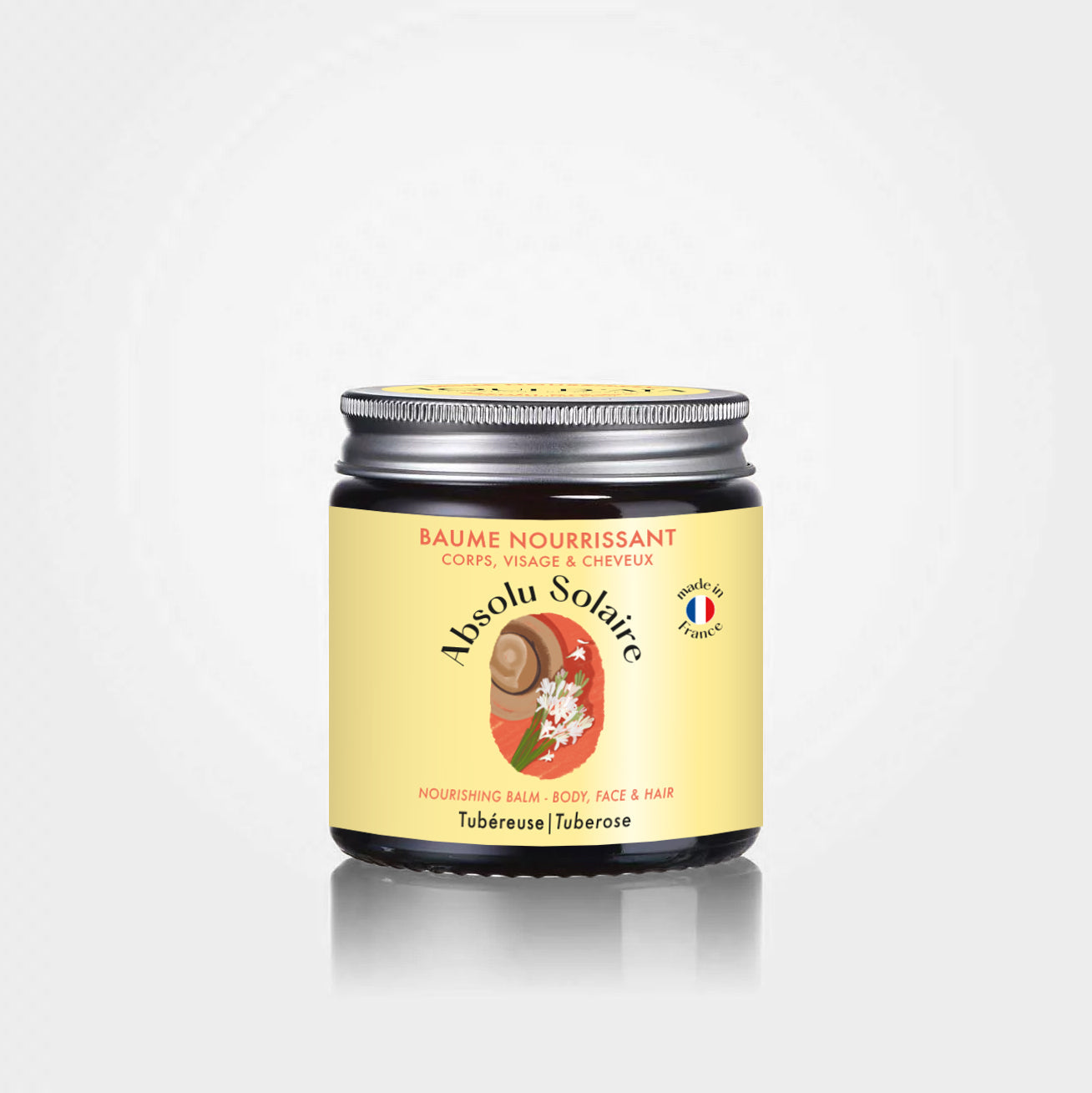 Baume corporel parfum tubéreuse 100ml, soin hydratant artisanal présenté en pot.