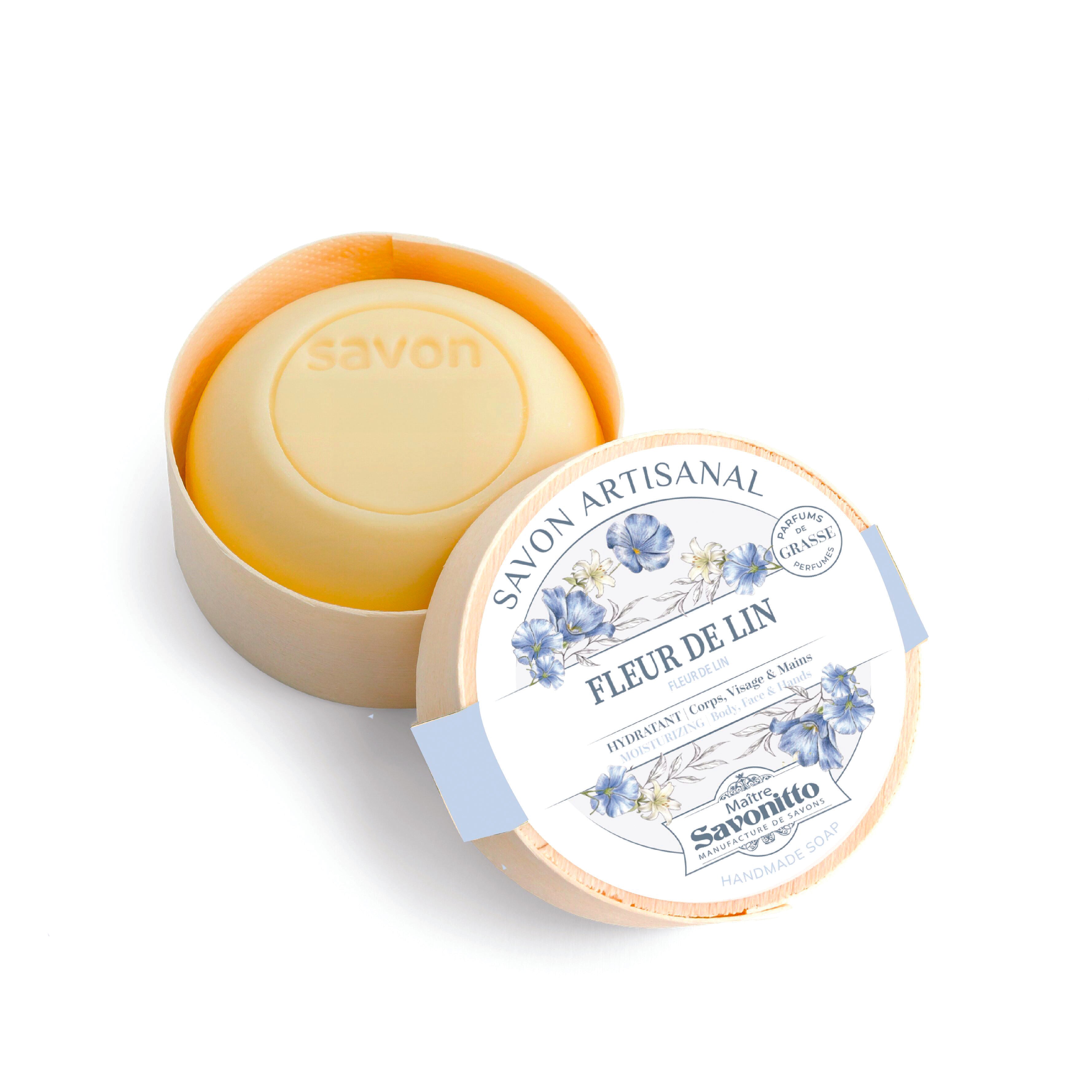 savon fleur de lin dans boite en bois