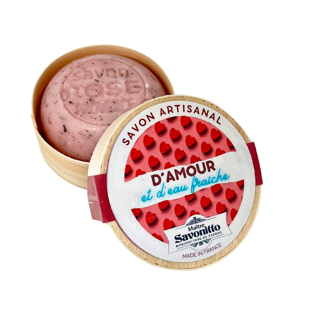 Savon \"D'amour et d'eau fraîche\" senteur ROSE dans boite en bois