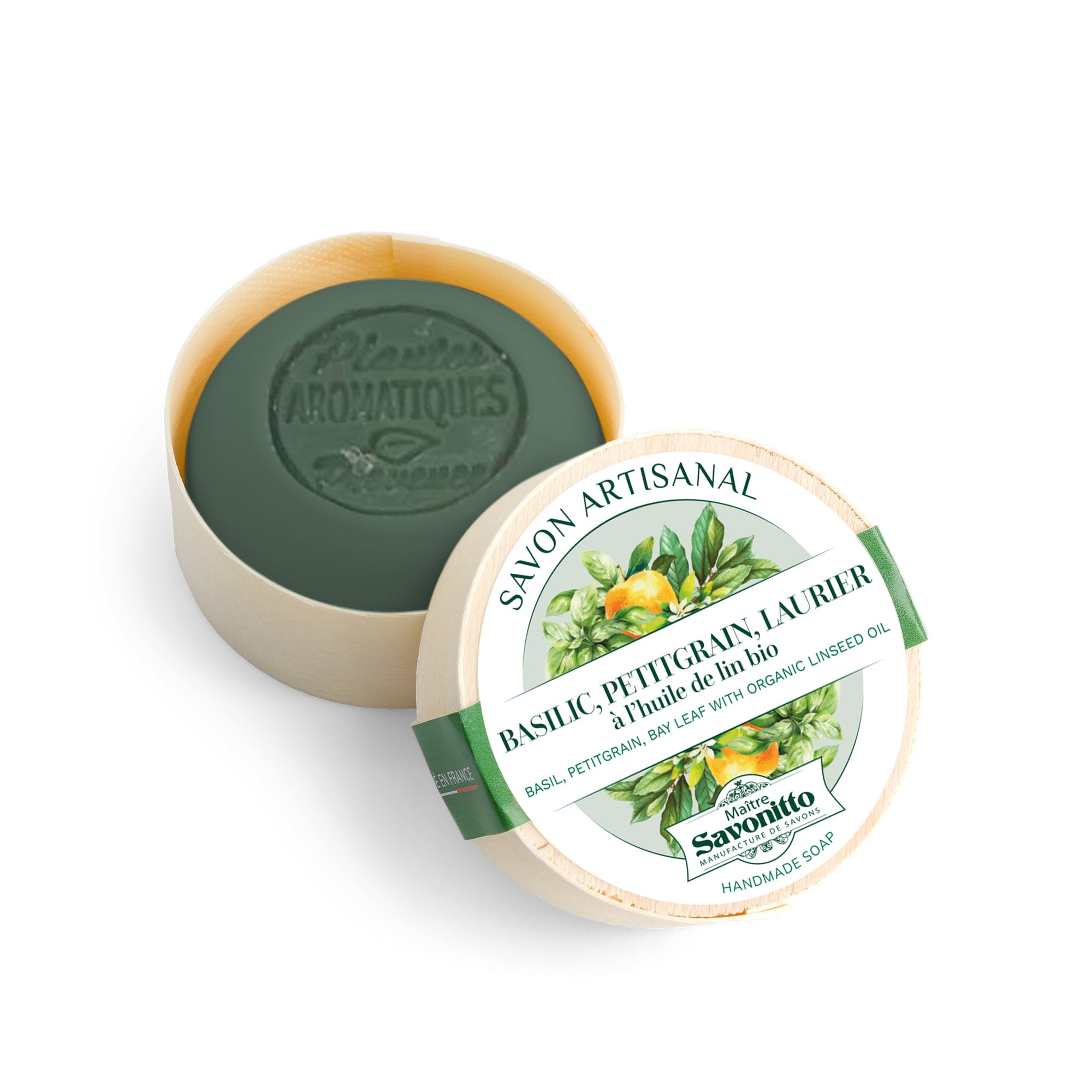 Savon Basilic, Petitgrain & Laurier dans boite en bois 100g