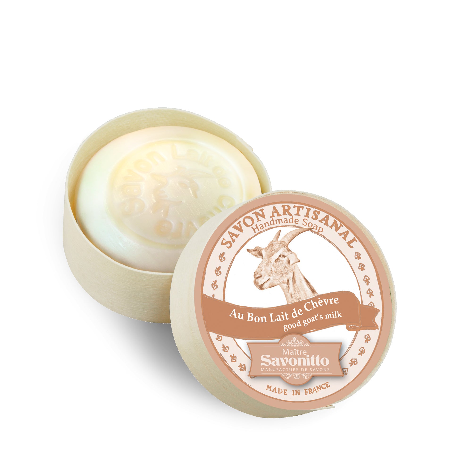 Savon artisanal au lait de chèvre 100g dans une boîte en bois, savon naturel made in Provence.