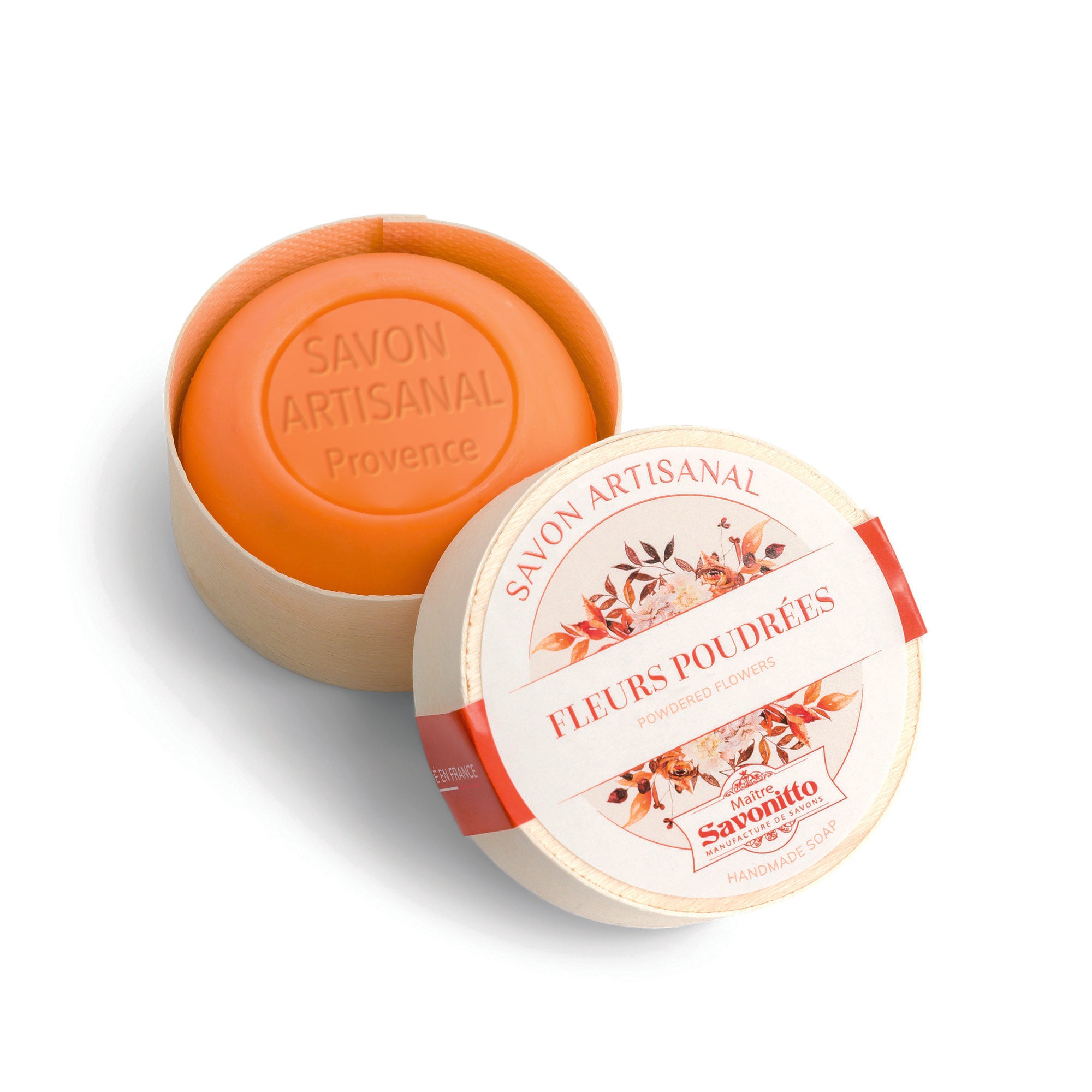 savon fleurs poudrées dans boite en bois