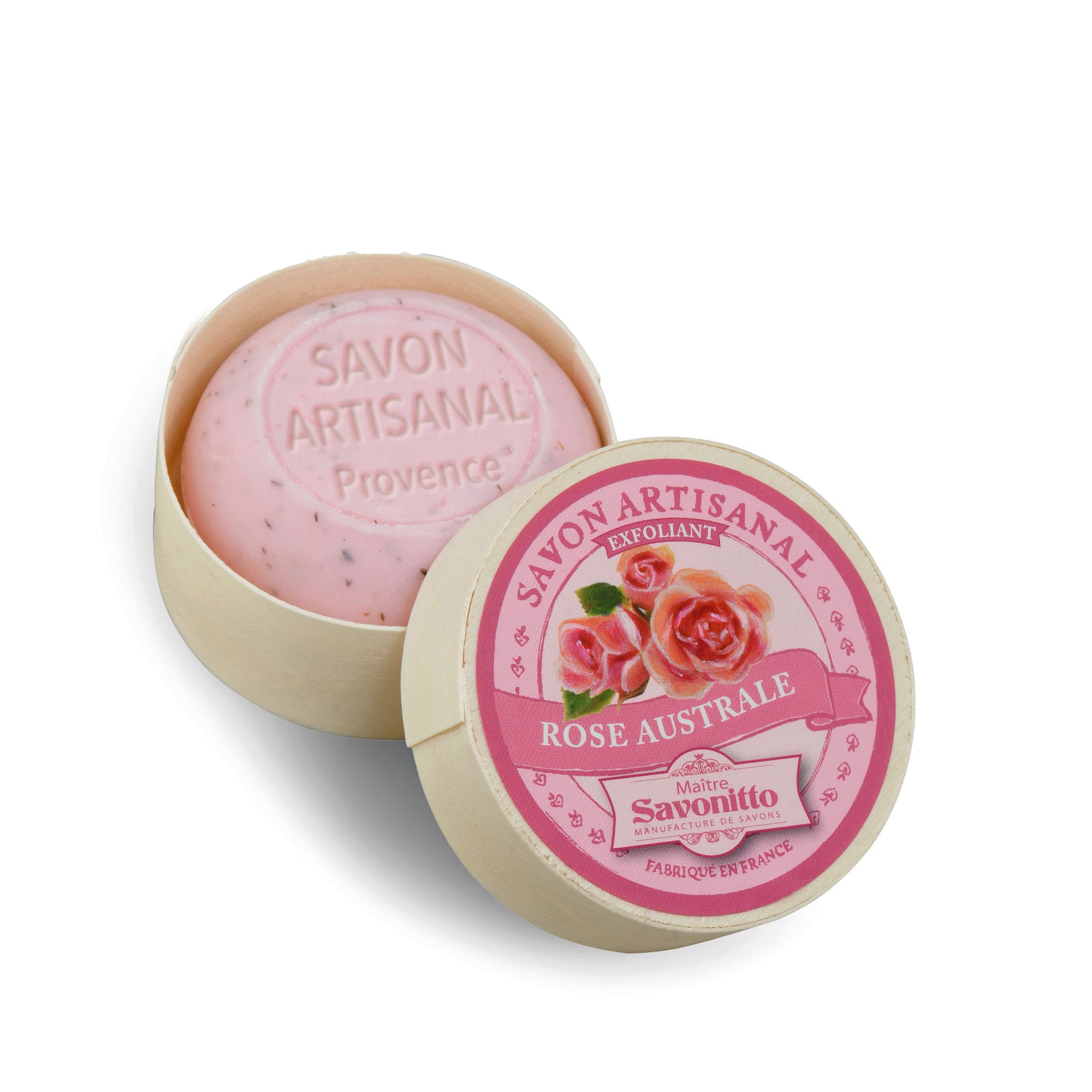 savon rose dans boite en bois