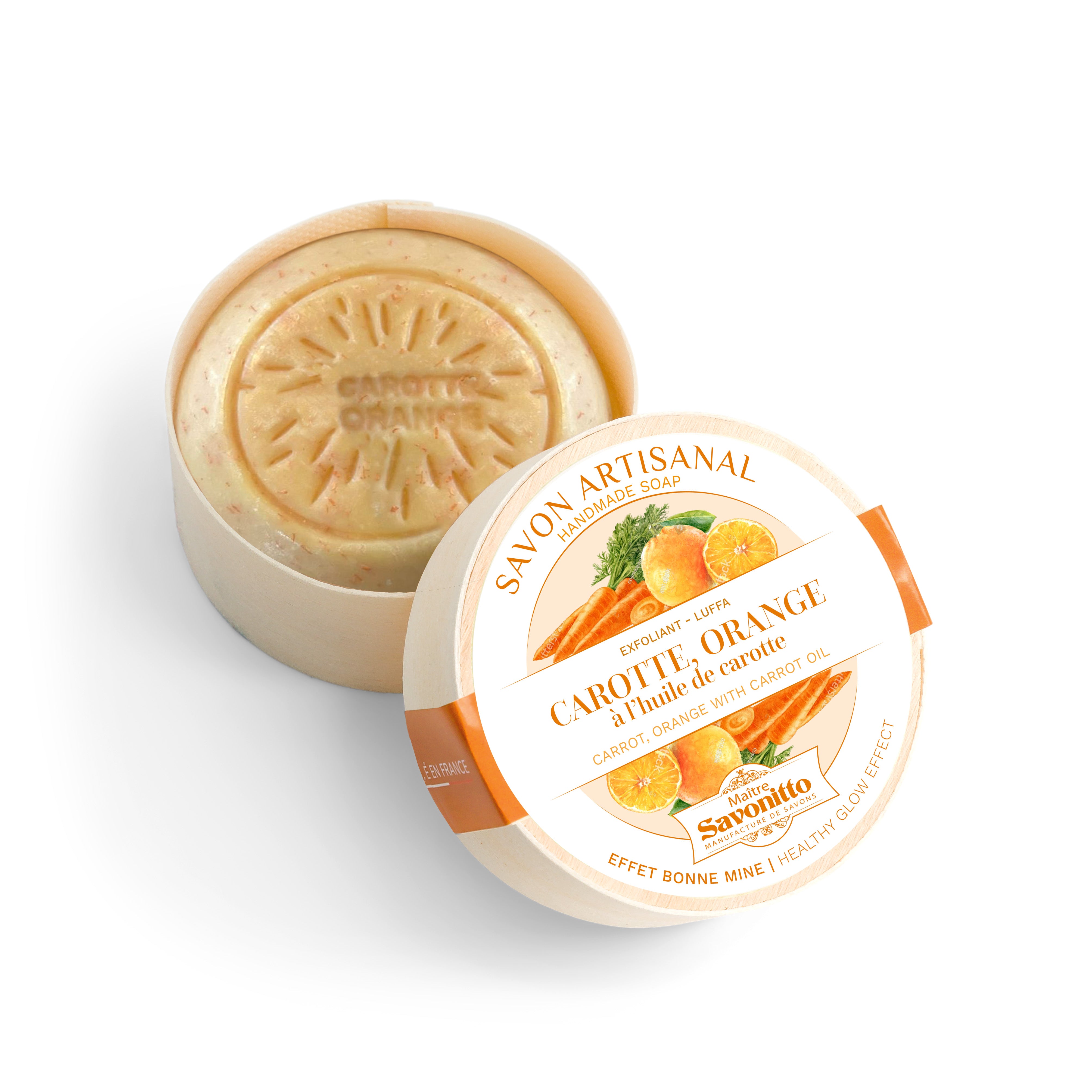 Savon solide carotte et orange avec exfoliant en boîte en bois 100g, savon artisanal aux ingrédients naturels pour exfolier en douceur et illuminer la peau