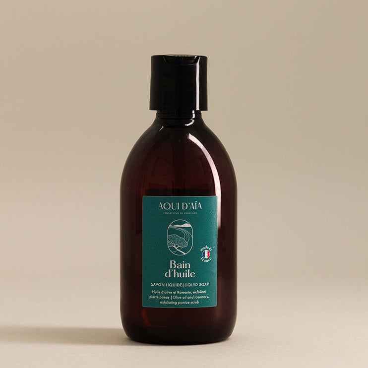 Flacon de savon liquide exfoliant olive et romarin 300ml, savon naturel fabriqué en Provence.