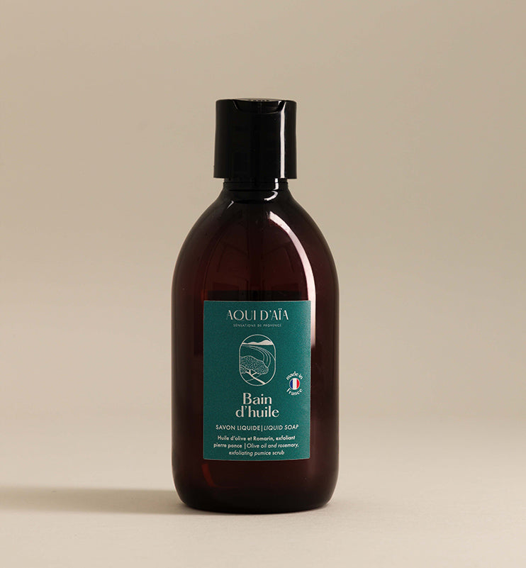 Flacon de savon liquide exfoliant olive et romarin 300ml, savon naturel fabriqué en Provence.