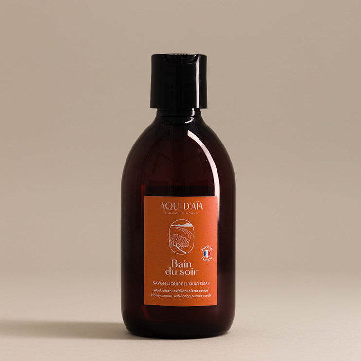 Flacon de savon liquide exfoliant miel et citron 300ml, savon naturel fabriqué en Provence.