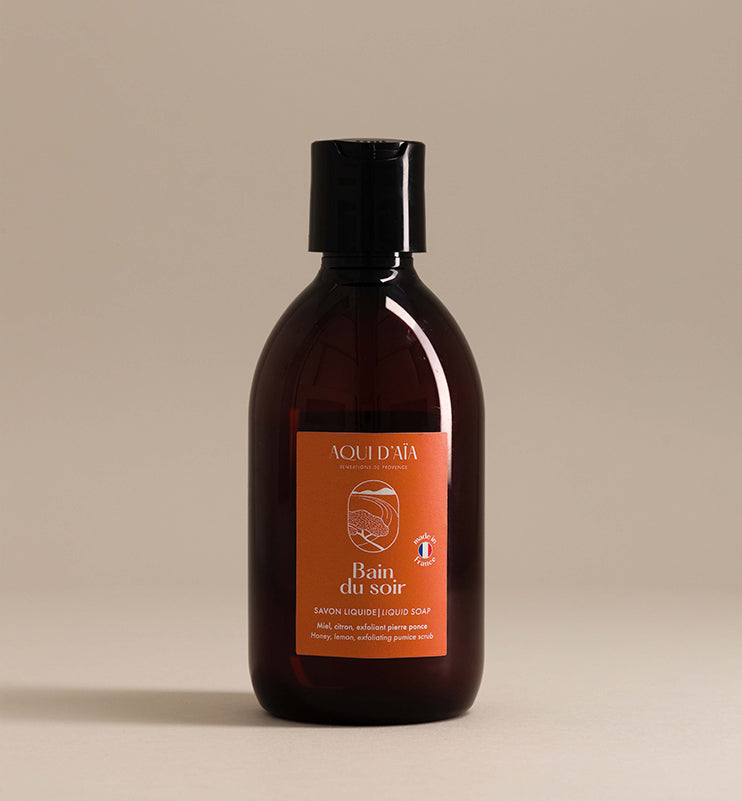 Flacon de savon liquide exfoliant miel et citron 300ml, savon naturel fabriqué en Provence.