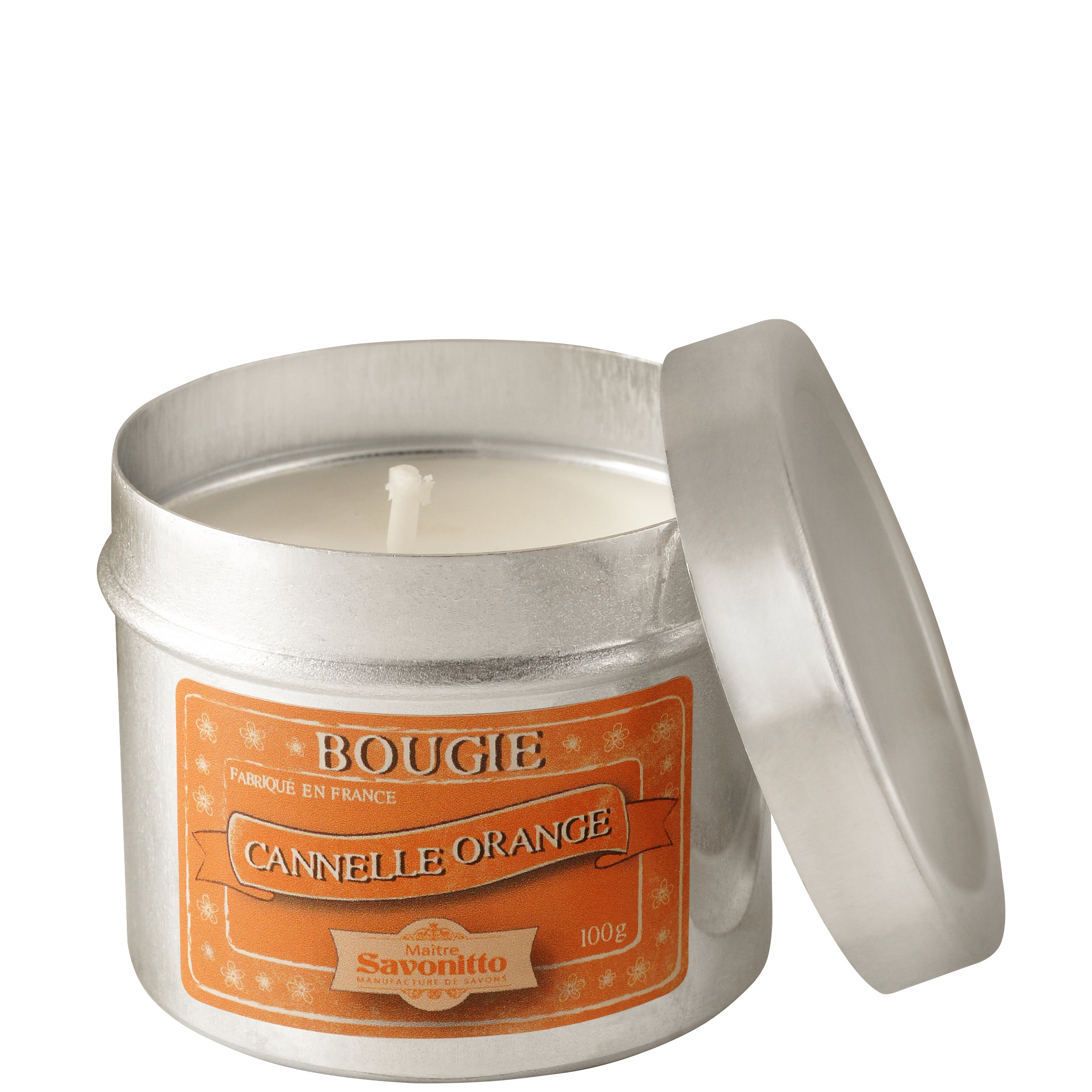 Bougie artisanale parfum cannelle et orange 100g, présentée dans un contenant décoratif.