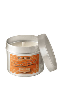 Bougie artisanale parfum cannelle et orange 100g, présentée dans un contenant décoratif.