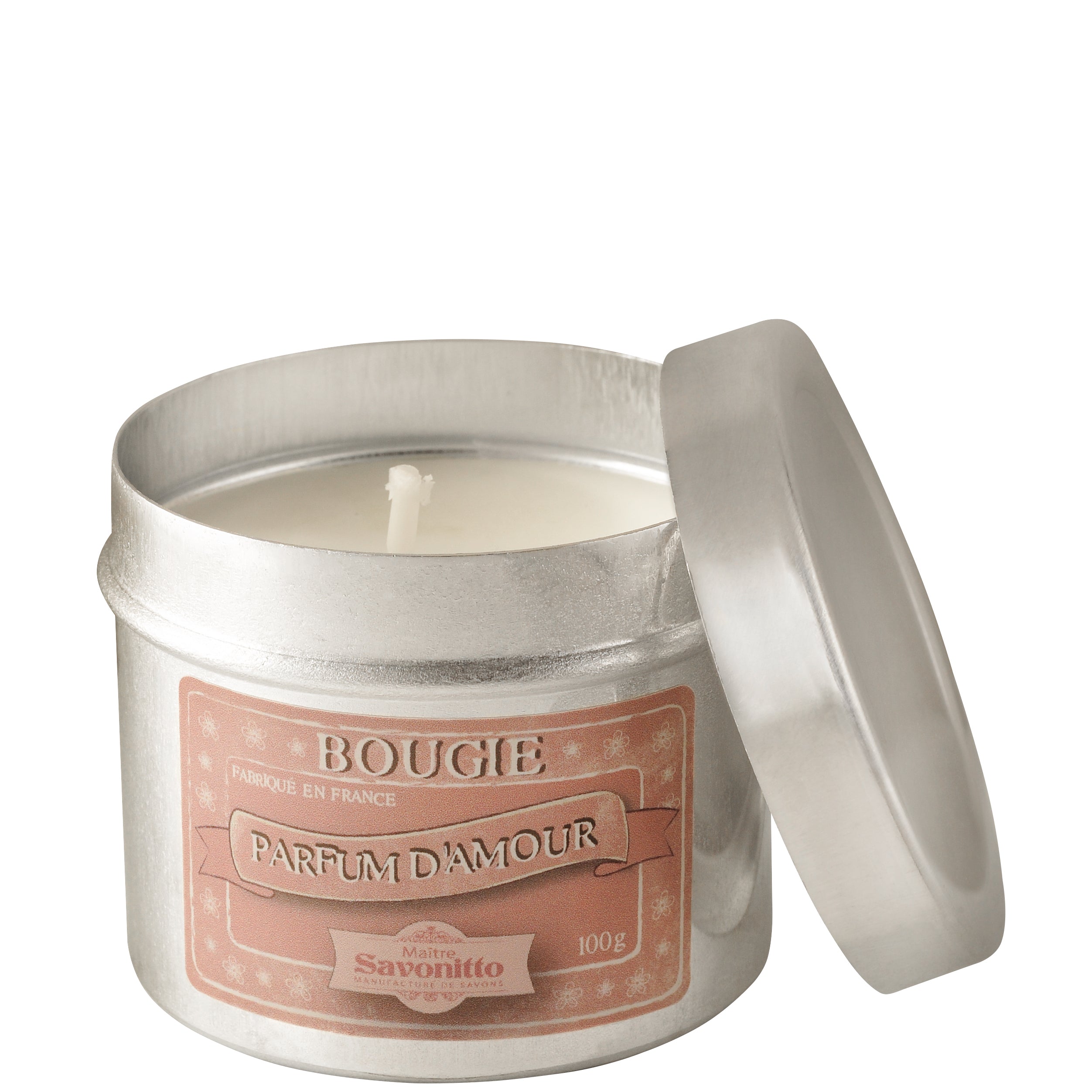 Bougie artisanale parfum d’amour 100g, présentée dans un contenant décoratif.
