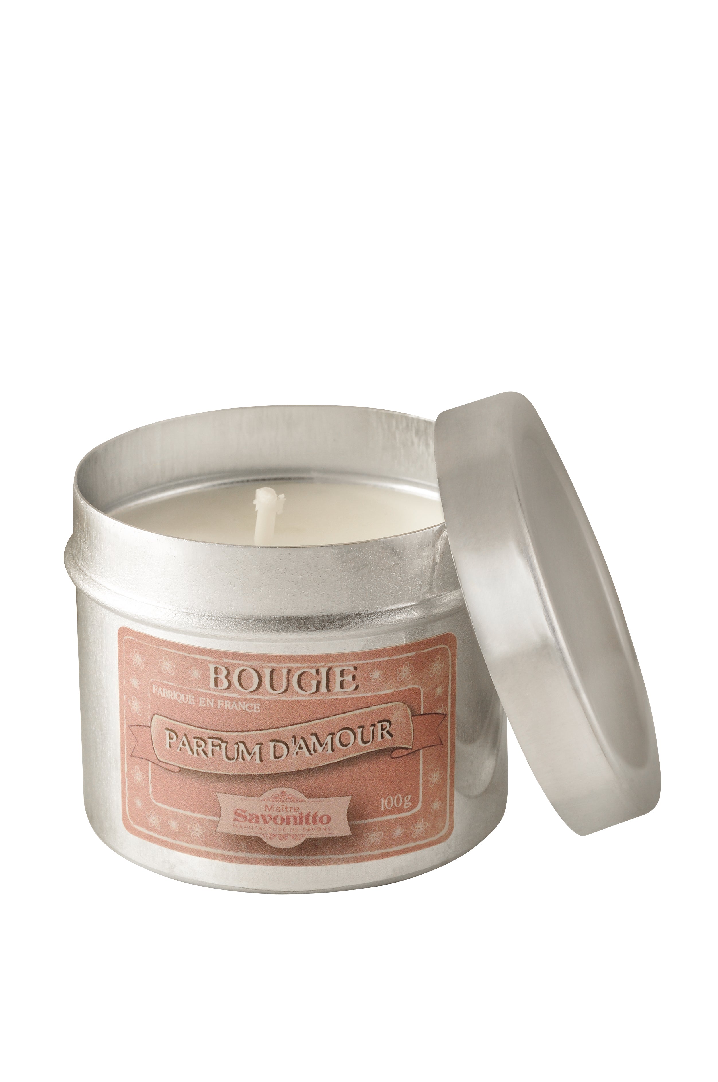 Bougie artisanale parfum d’amour 100g, présentée dans un contenant décoratif.