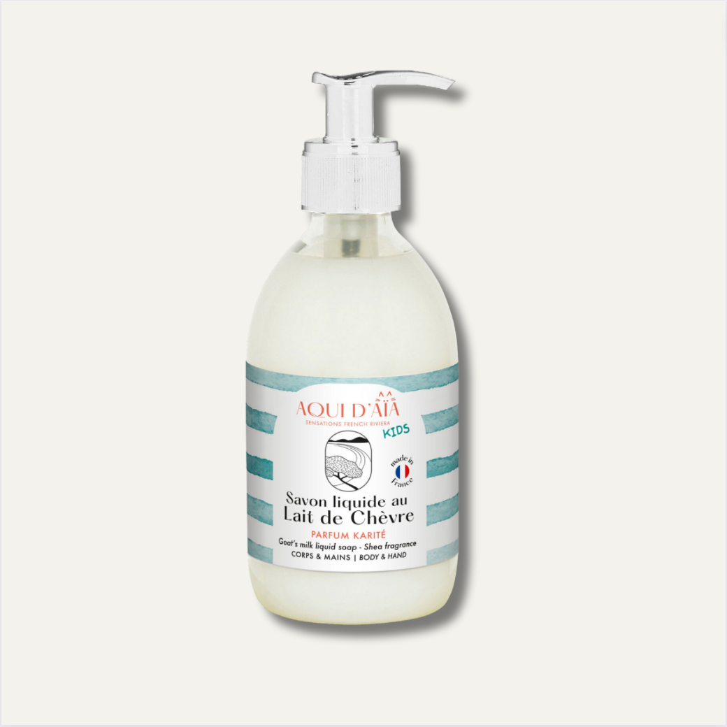 Savon liquide enfant au lait de chèvre 300ml, savon artisanal doux adapté aux peaux délicates.