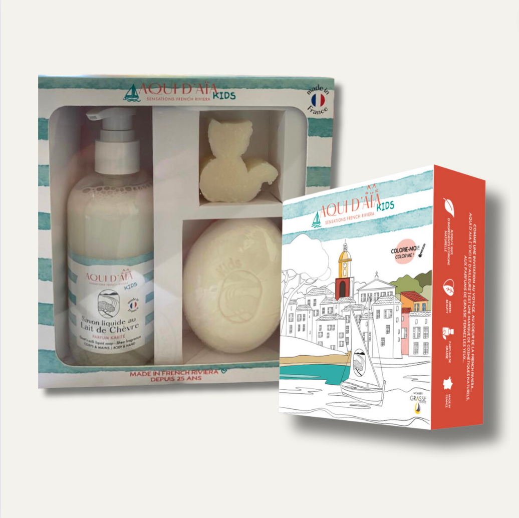Coffret enfant avec savon solide et savon liquide au lait de chèvre, soins doux pour peaux délicates.