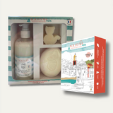 Coffret enfant avec savon solide et savon liquide au lait de chèvre, soins doux pour peaux délicates.