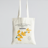 Tote bag en tissu avec illustration de fleur de mimosa, sac réutilisable au style naturel