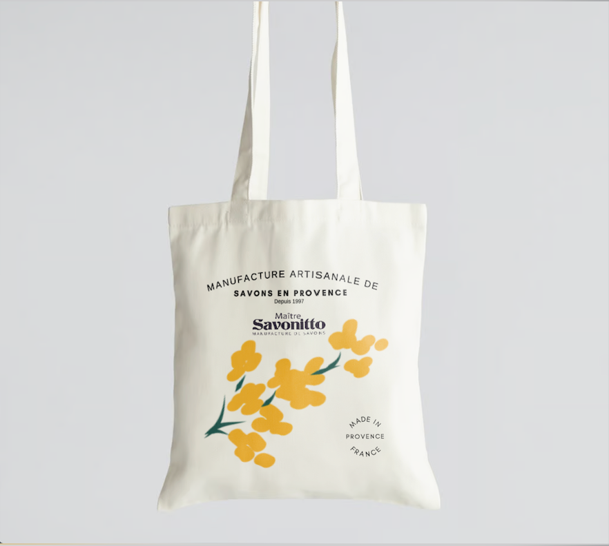 Tote bag en tissu avec illustration de fleur de mimosa, sac réutilisable au style naturel