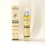 Flacon d’huile démaquillante non parfumée 100ml, soin visage doux.