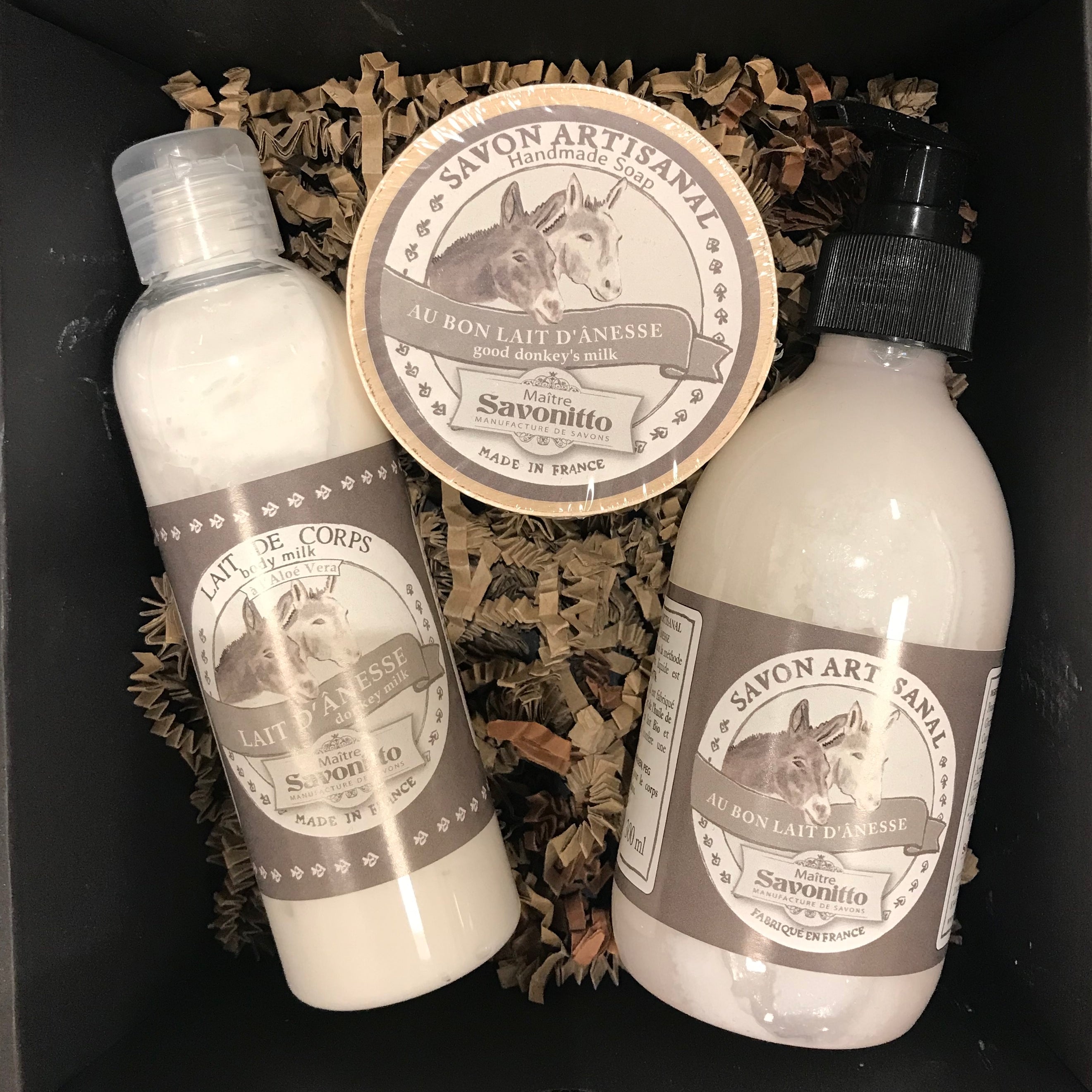 Pack lait d’ânesse avec savon liquide, savon solide et lotion, routine de soins artisanaux