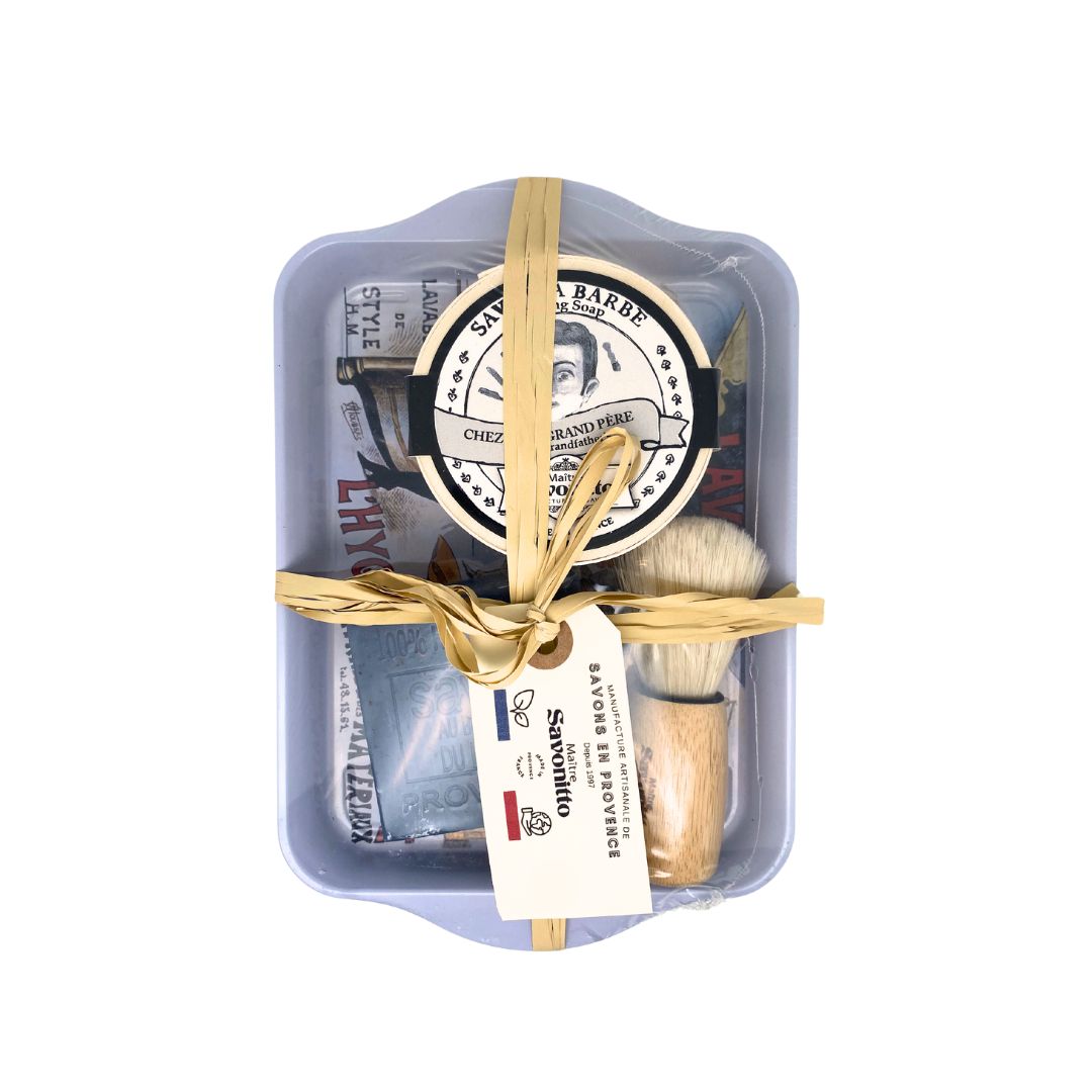Coffret à barbe avec blaireau en bois, savon de rasage et savon senteur marine, inspiration traditionnelle