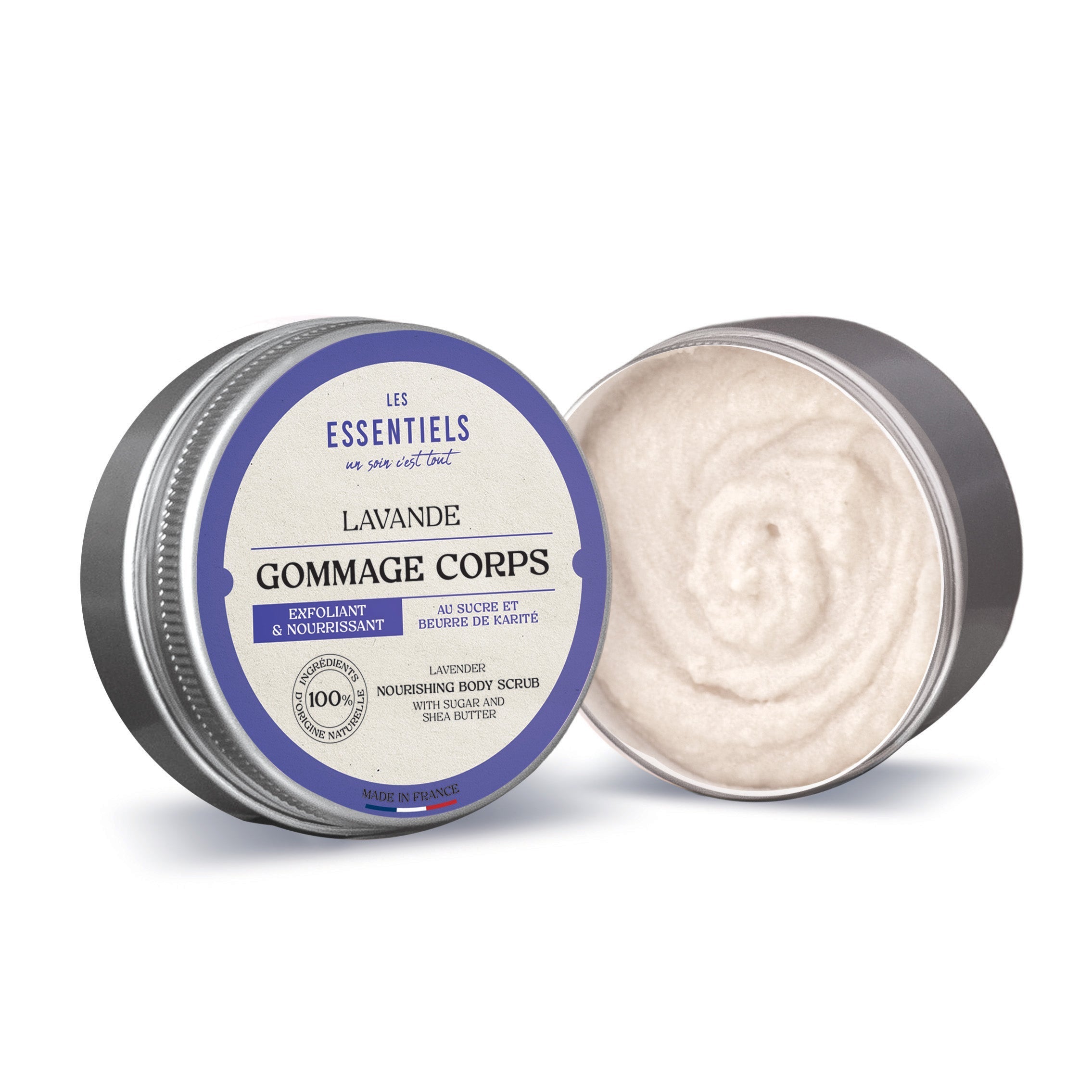 Gommage corps à la lavande 200ml, certifié COSMOS Natural, exfoliant doux pour une peau lisse et parfumée.