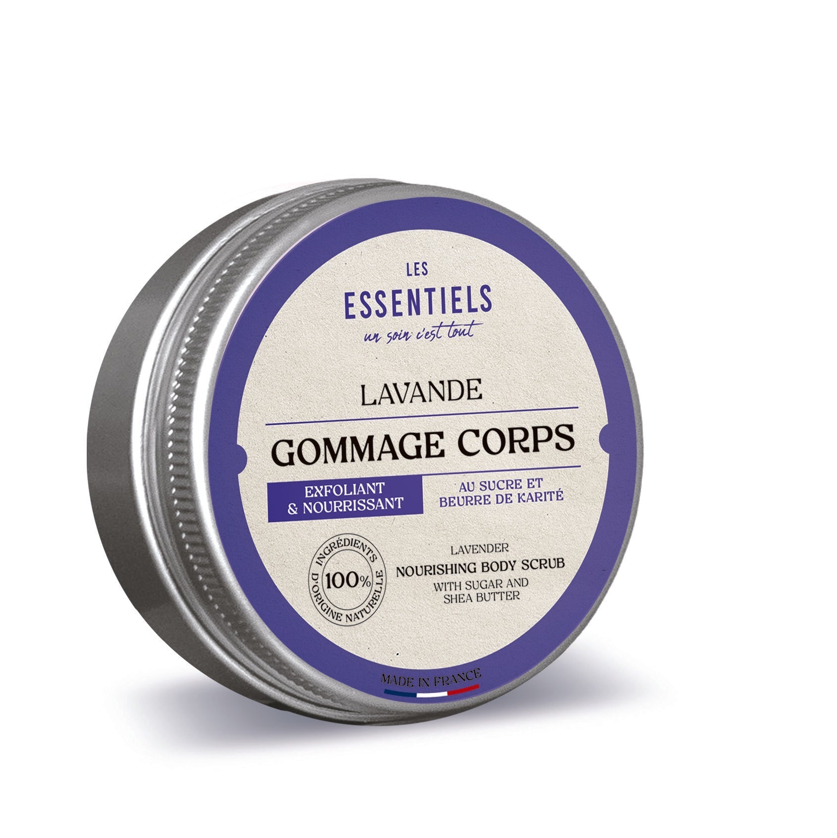 Gommage corps à la lavande 200ml, certifié COSMOS Natural, exfoliant doux pour une peau lisse et parfumée.
