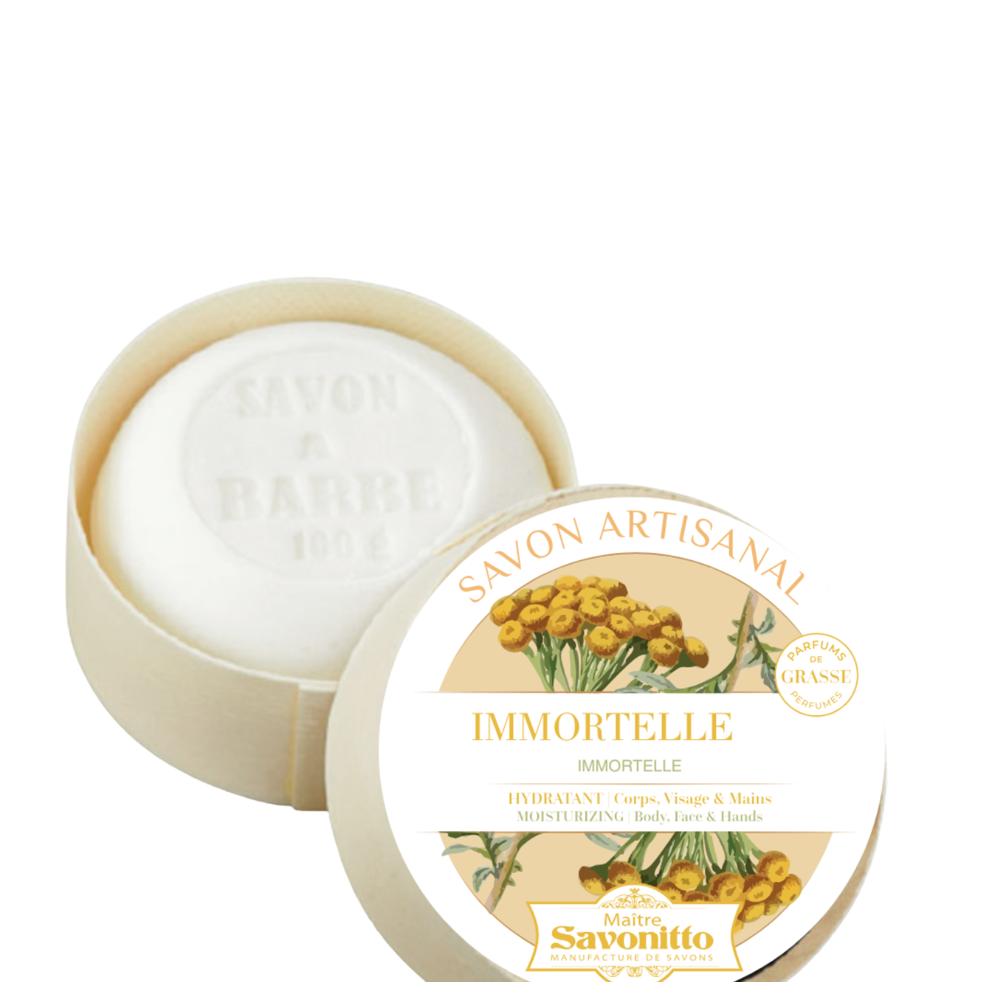 Savon artisanal fleur d’immortelle 100g dans une boîte en bois élégante