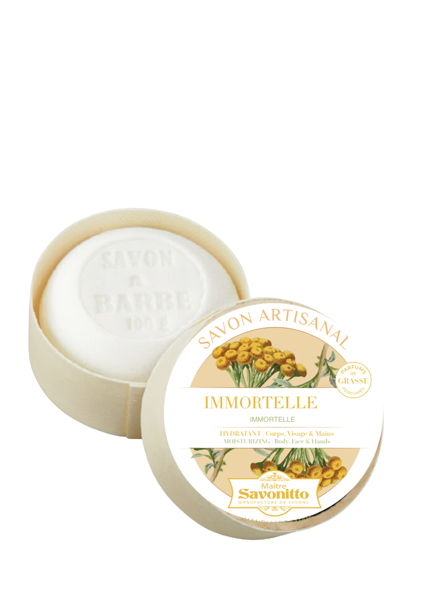 Savon artisanal fleur d’immortelle 100g dans une boîte en bois élégante