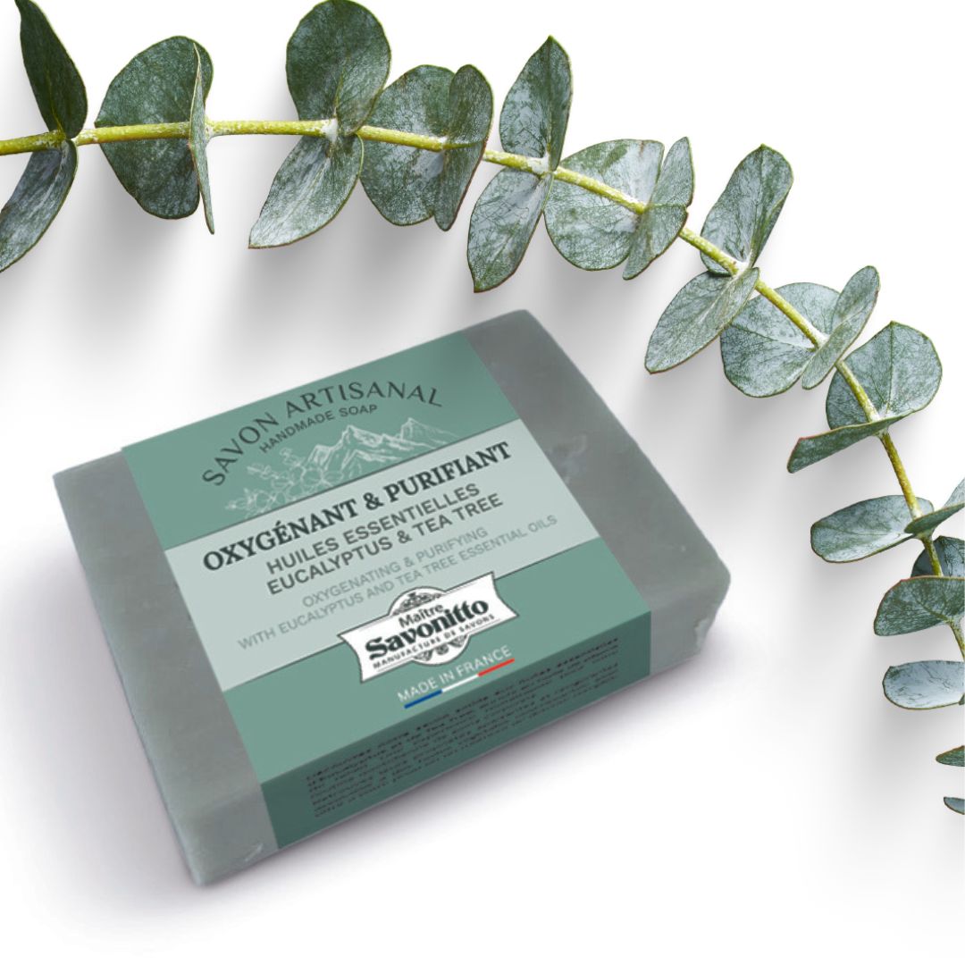 Savon \"Oxygénant & Purifiant\" Huiles essentielles Eucalyptus & Tea Tree 100g