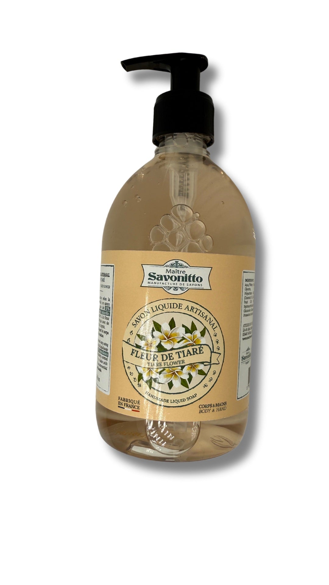 Flacon de savon liquide artisanal fleur de tiaré 500ml pour les mains et le corps.