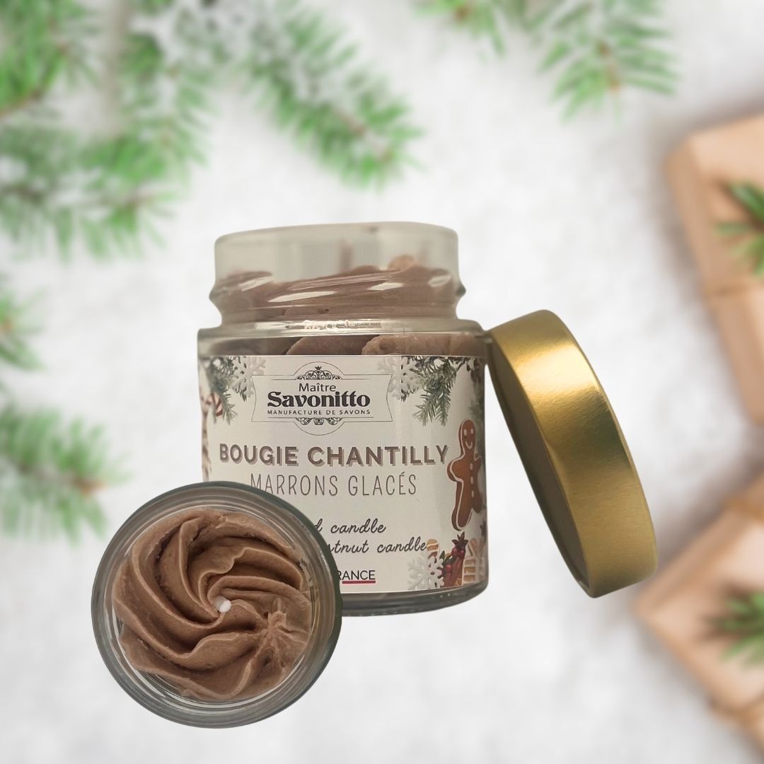 Bougie artisanale chantilly marrons glacés 100g, édition limitée, présentée en pot.