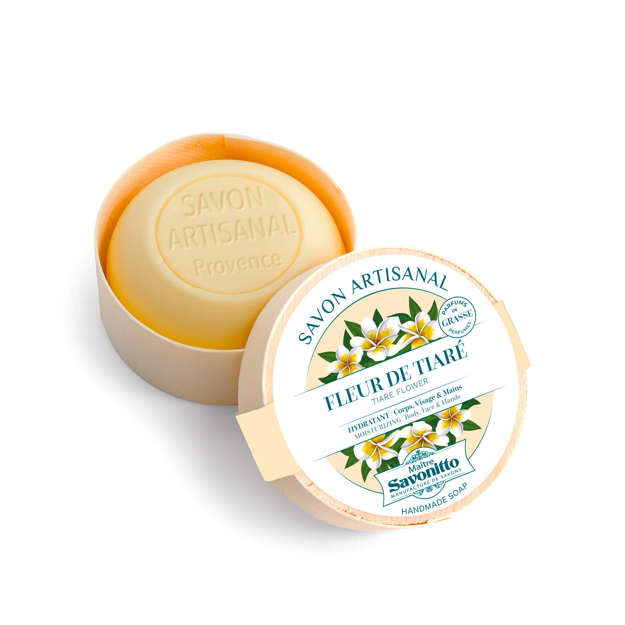 savon fleur de tiaré dans boite en bois
