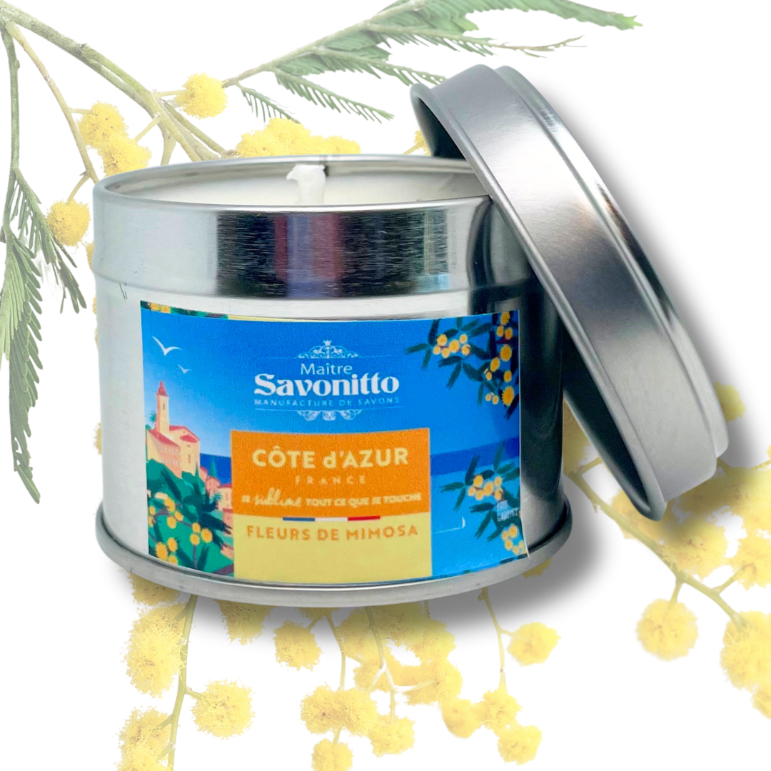 Bougie parfumée Mimosa 100g, fabrication artisanale française, combustion douce pour une ambiance solaire et fleurie.