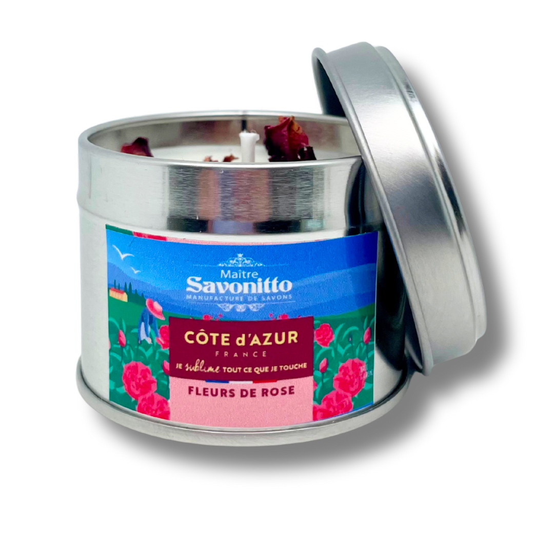 Bougie parfumée Rose 100g, fabrication artisanale française, combustion douce pour une atmosphère fleurie et romantique.
