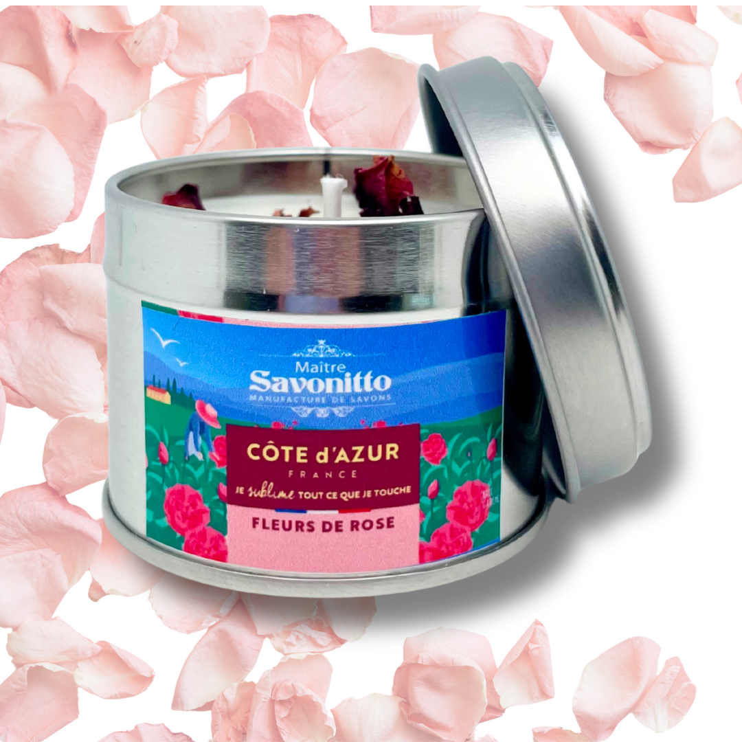 Bougie parfumée Rose 100g, fabrication artisanale française, combustion douce pour une atmosphère fleurie et romantique.