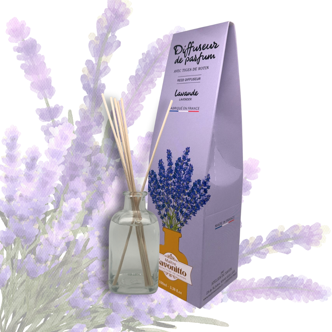 Diffuseur de parfum Lavande 100ml, aux essences de Grasse, diffusion apaisante pour une atmosphère sereine et relaxante.