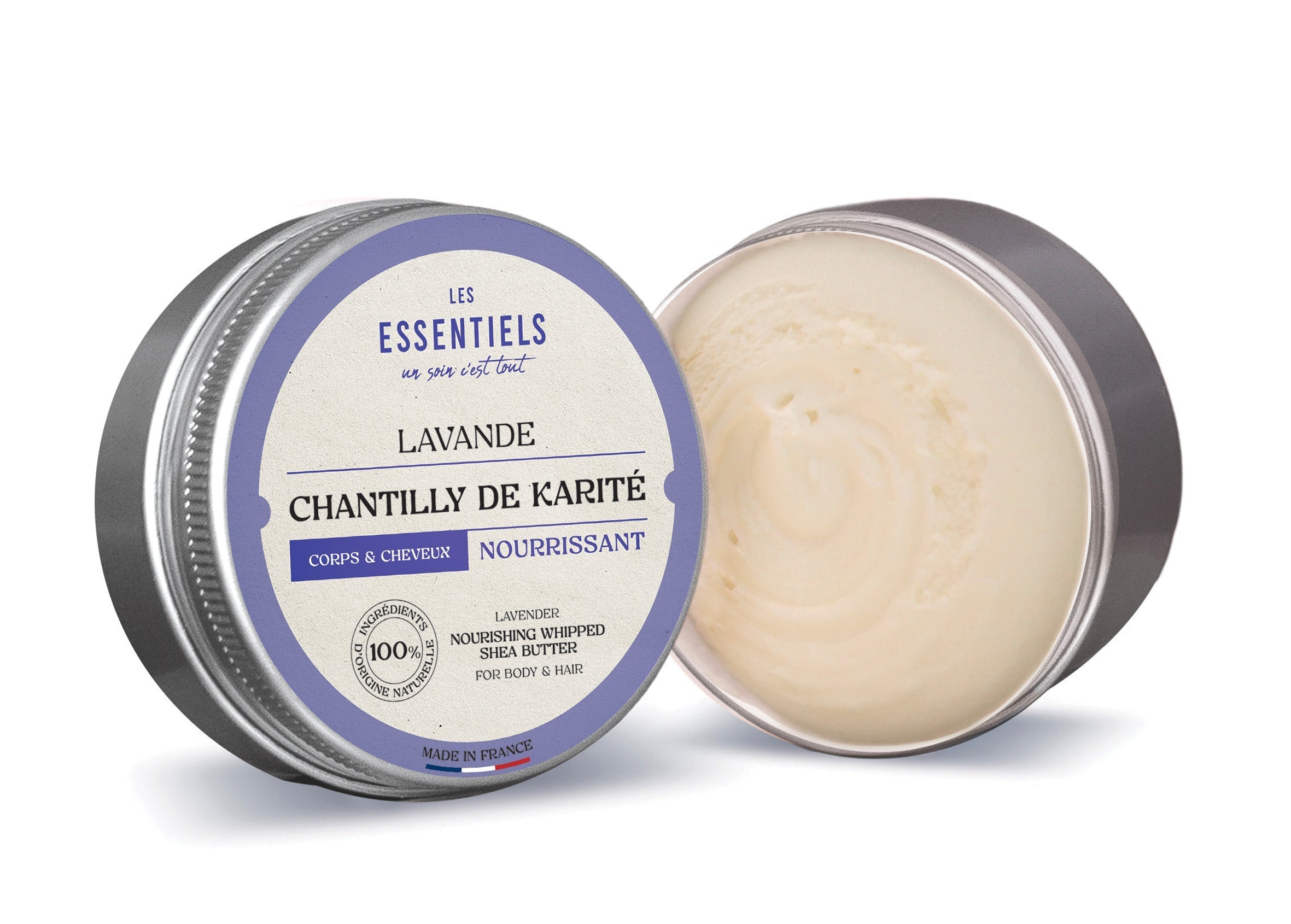 Chantilly de karité à la lavande, soin multi usages pour le corps et les cheveux, à la texture onctueuse et aérienne, idéale pour nourrir et adoucir la peau et la fibre capillaire.