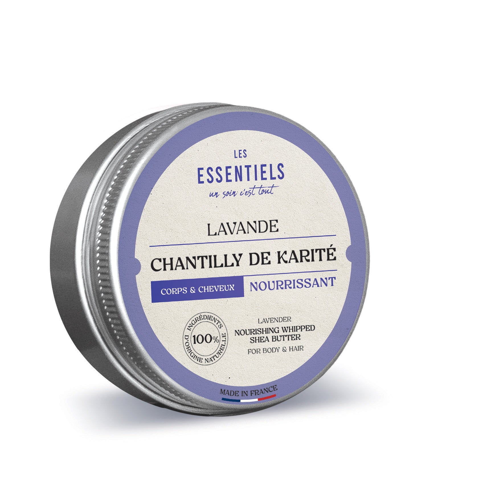 Chantilly de karité à la lavande, soin multi usages pour le corps et les cheveux, à la texture onctueuse et aérienne, idéale pour nourrir et adoucir la peau et la fibre capillaire.