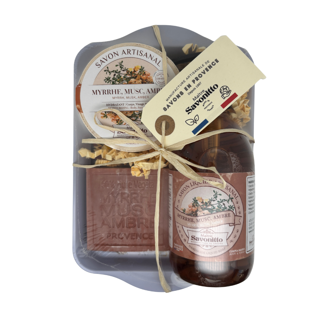 Coffret Myrrhe, Musc & Ambre 3 soins, fabrication artisanale française, rituel envoûtant pour une peau veloutée et mystérieusement parfumée.