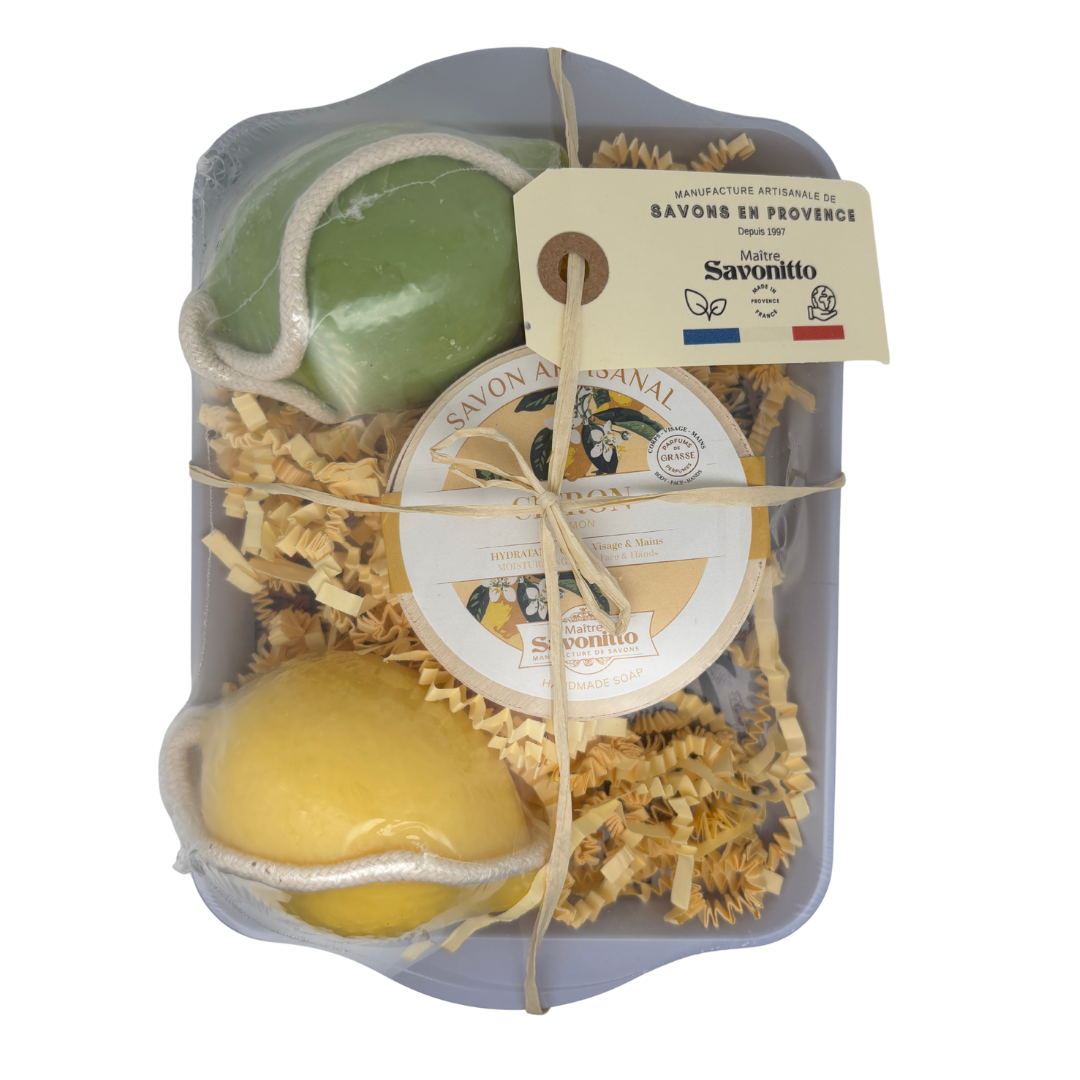 Coffret duo de Citrons 3 soins, fabrication artisanale française, rituel vitaminé pour une peau fraîche et tonifiée.