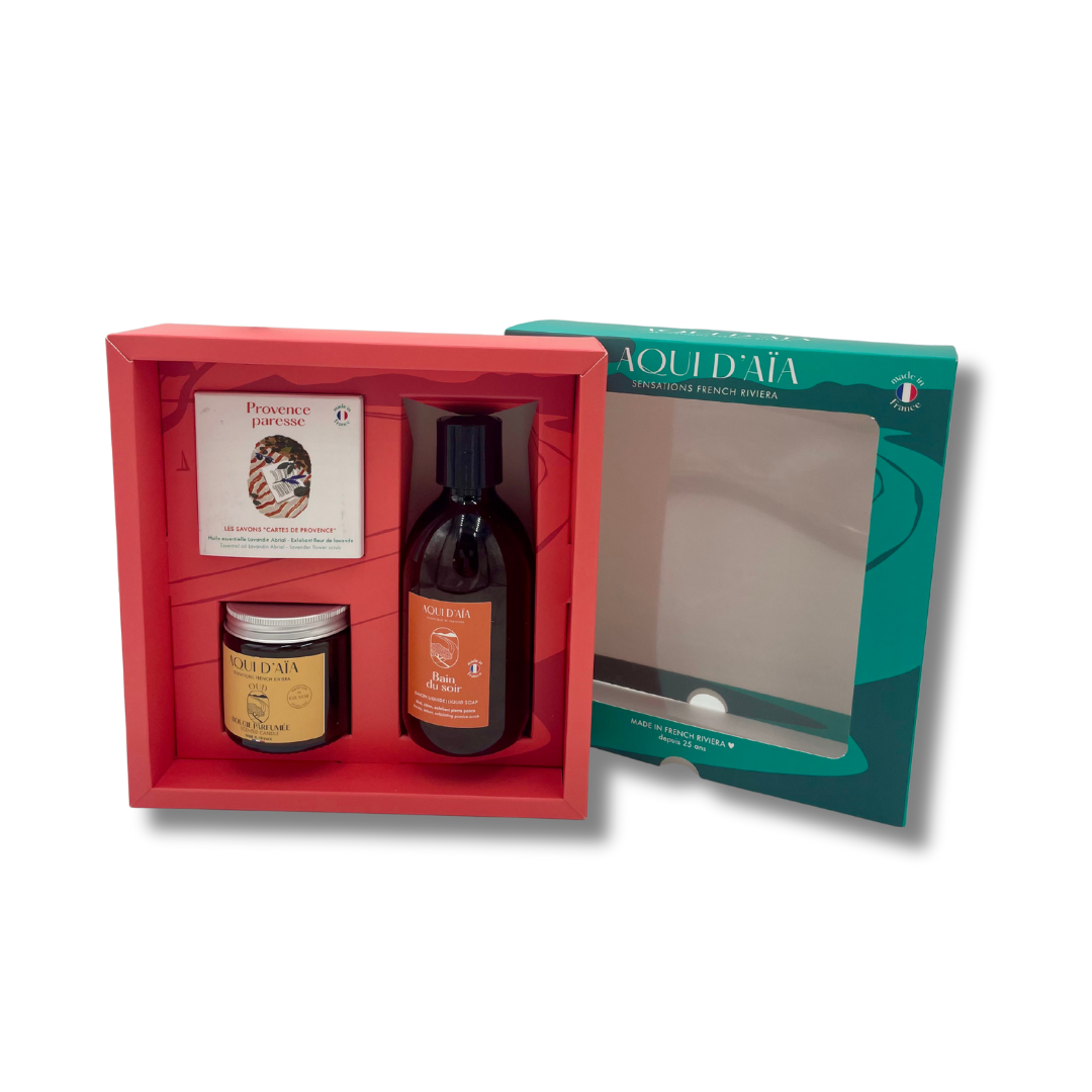 Coffret cadeau \"Sensations French Riviera\", trio de soins artisanaux (savon solide, savon liquide et bougie), rituel complet pour une parenthèse bien-être parfumée.
