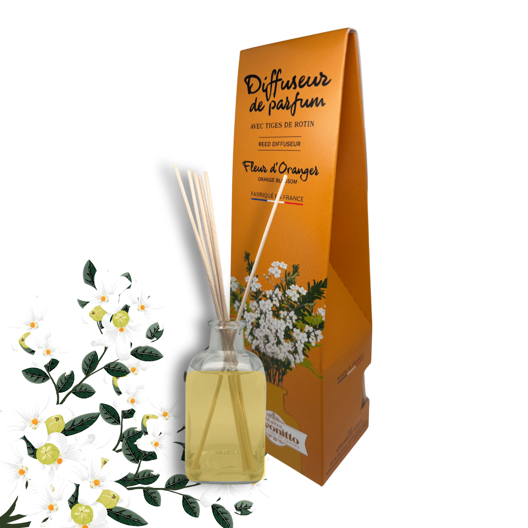 Diffuseur de parfum Fleur d'Oranger 100ml, aux essences de Grasse, diffusion naturelle pour une atmosphère douce et ensoleillée.