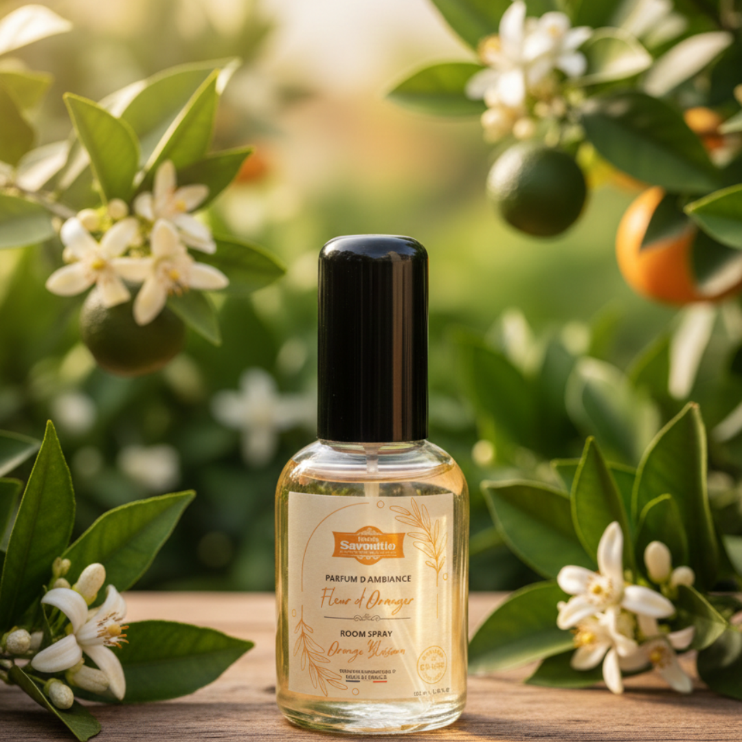 Parfum d'ambiance Fleur d'Oranger 100ml, aux essences de Grasse, brume délicate pour un intérieur apaisant et ensoleillé.