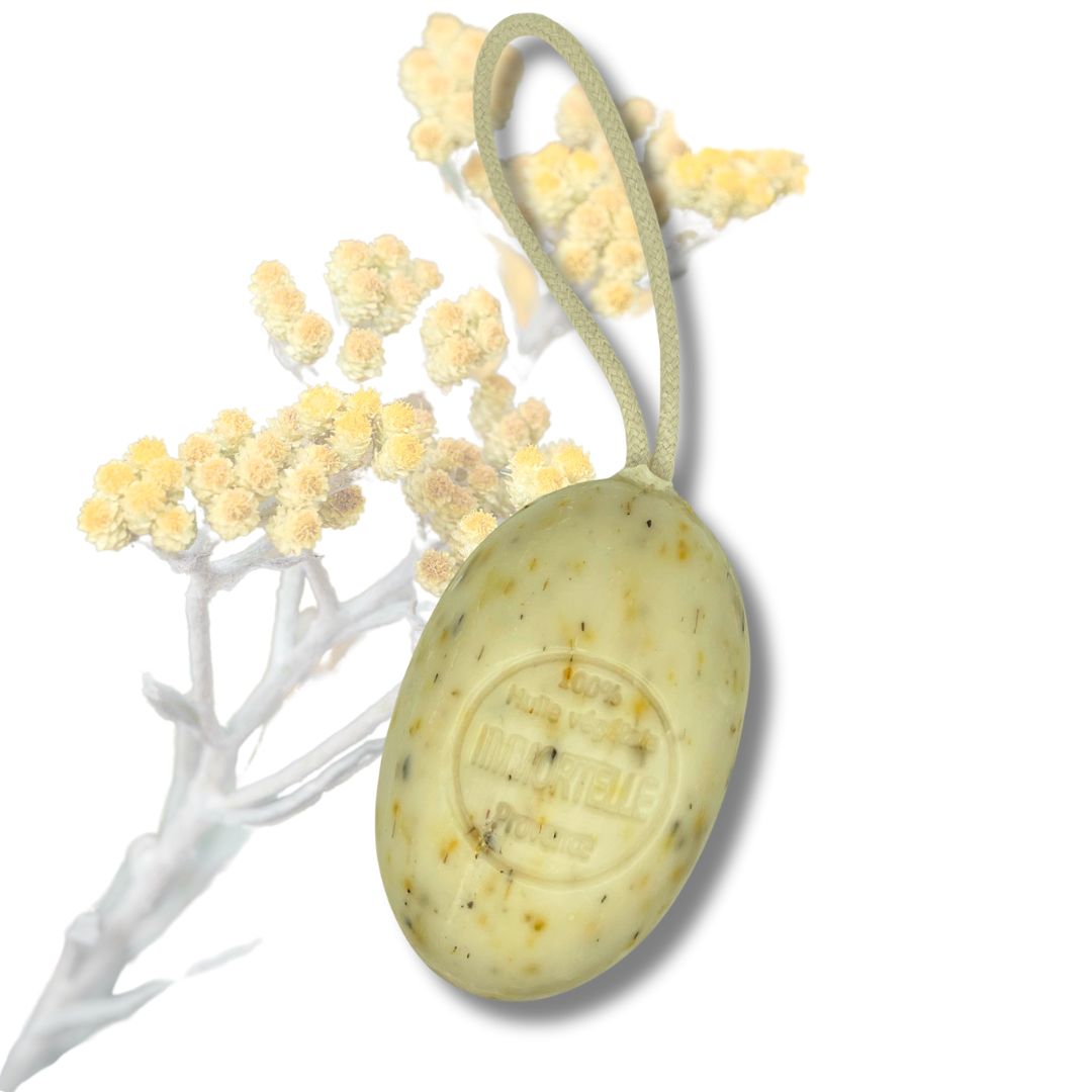 Savon sur corde Immortelle 200g, 100% huile végétale, exfoliant naturel pour une peau revitalisée aux senteurs de Provence.