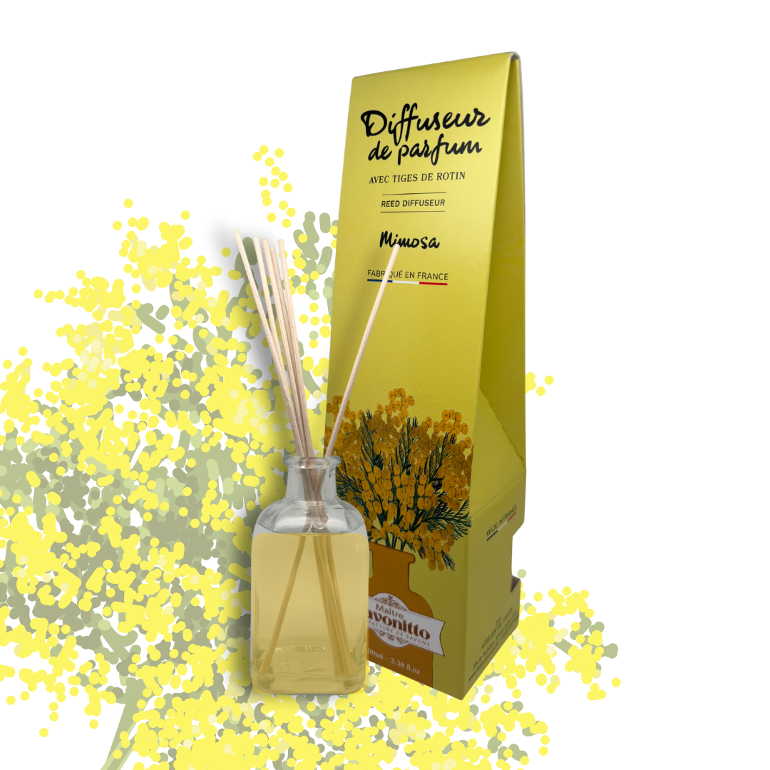 Diffuseur de parfum Mimosa 100ml, aux essences de Grasse, diffusion subtile pour une atmosphère fleurie et éclatante.