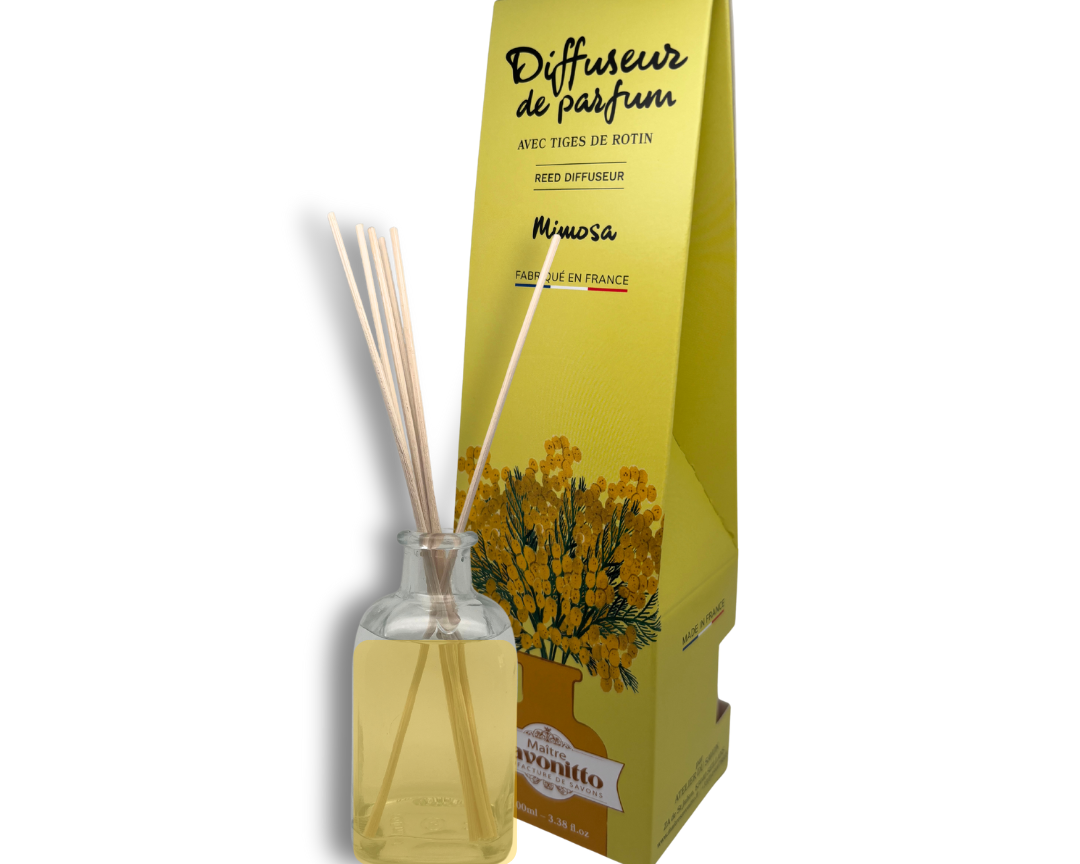 Diffuseur de parfum Mimosa 100ml, aux essences de Grasse, diffusion subtile pour une atmosphère fleurie et éclatante.