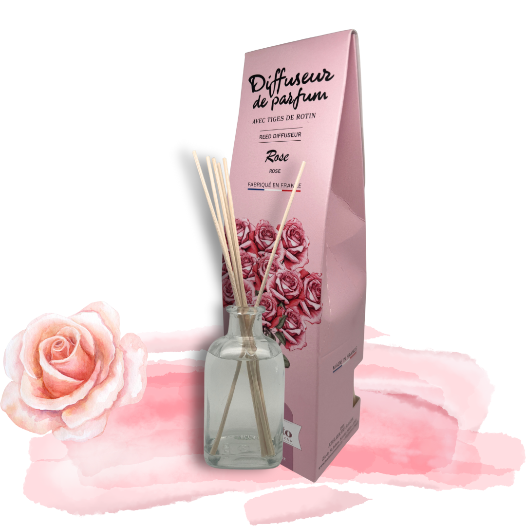 Diffuseur de parfum Rose 100ml, aux essences de Grasse, diffusion constante pour une atmosphère florale et raffinée.