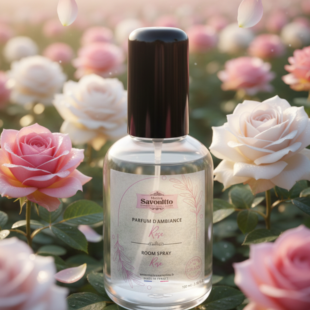 Parfum d'ambiance Rose 100ml, aux extraits de Grasse, sillage floral et élégant pour une atmosphère douce et raffinée.